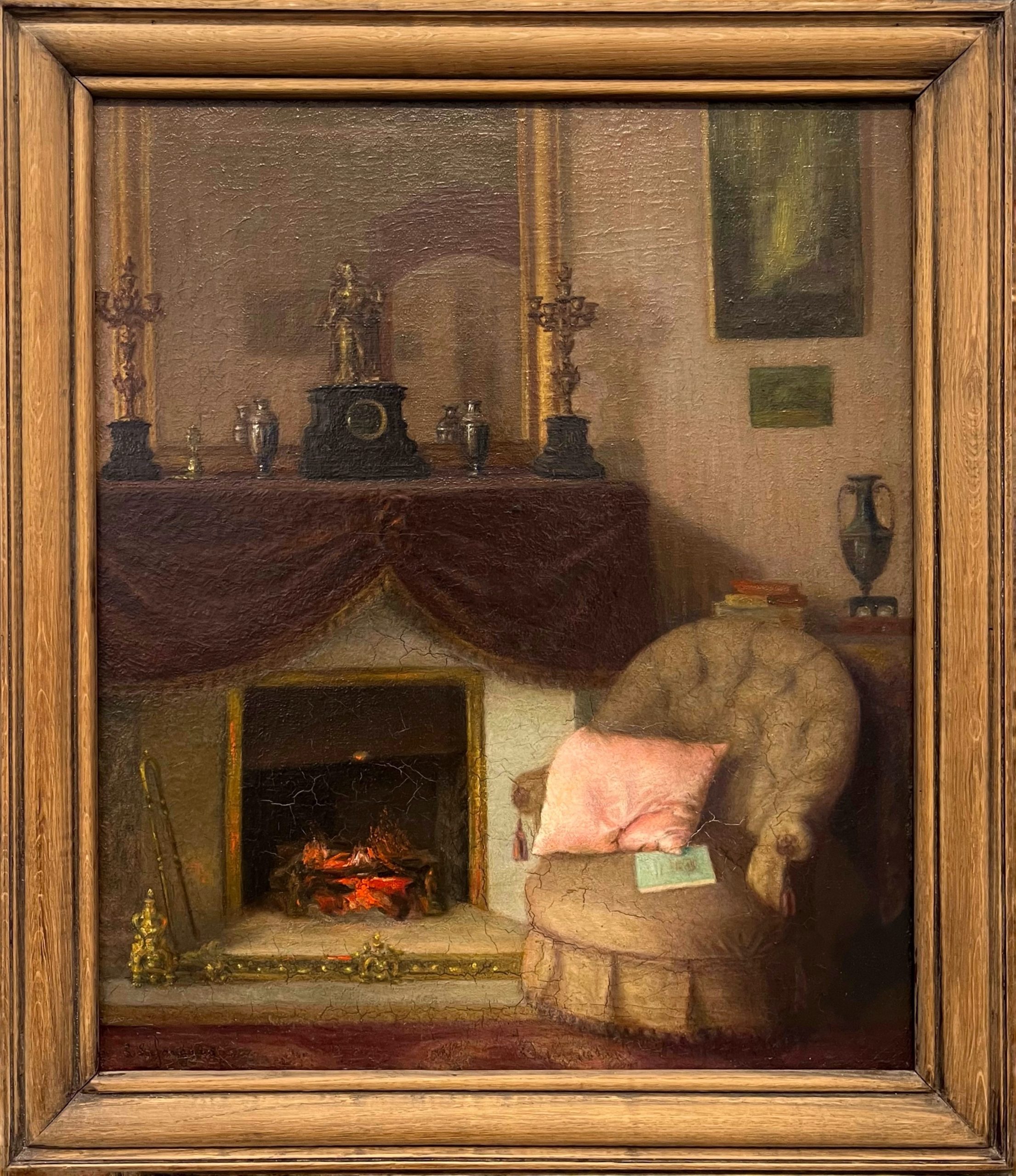 scène d'intérieur, XIXe, huile sur toile, 54x65cm