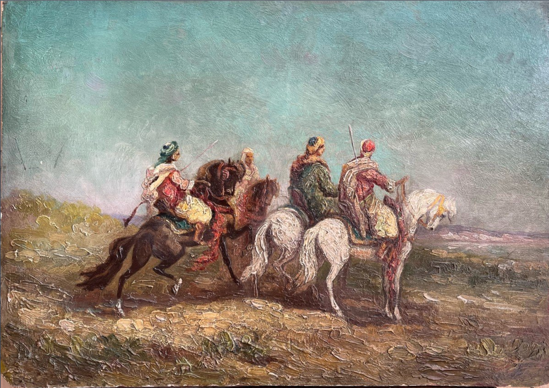 P.BARI, Cavaliers arabes, huile sur bois, XXe, 54x38cm