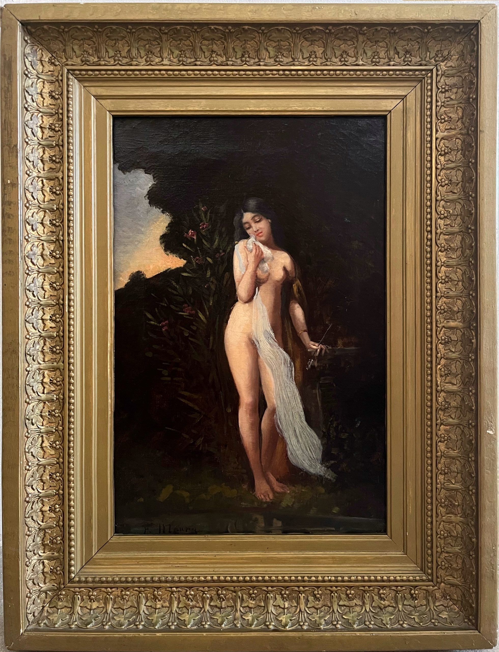 Jeune femme à la colombe, XIXe, huile sur toile, 57 x 43 cm