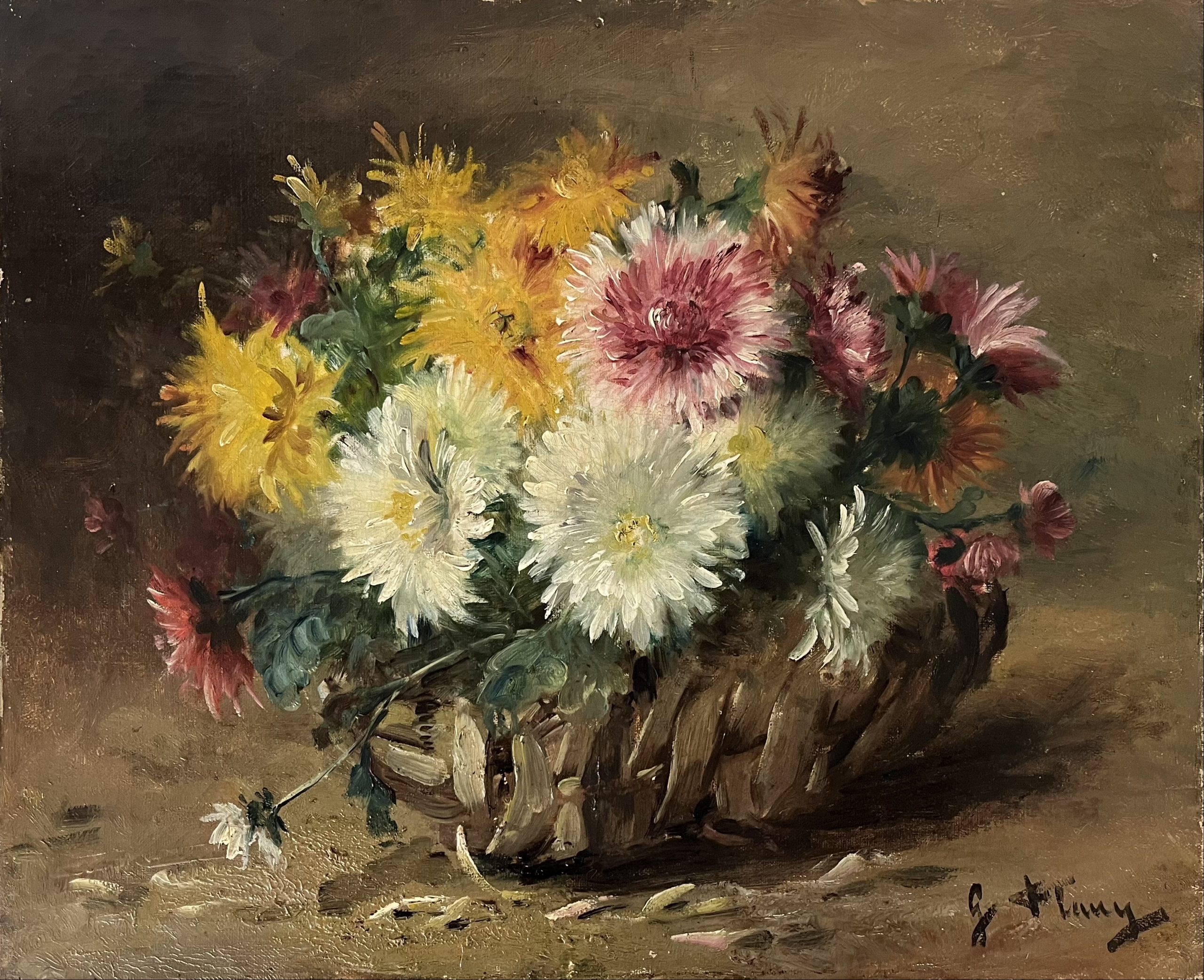 G. FLUNY, Bouquet de dahlias, XIXe, huile sur toile, 46 x 37,5 cm
