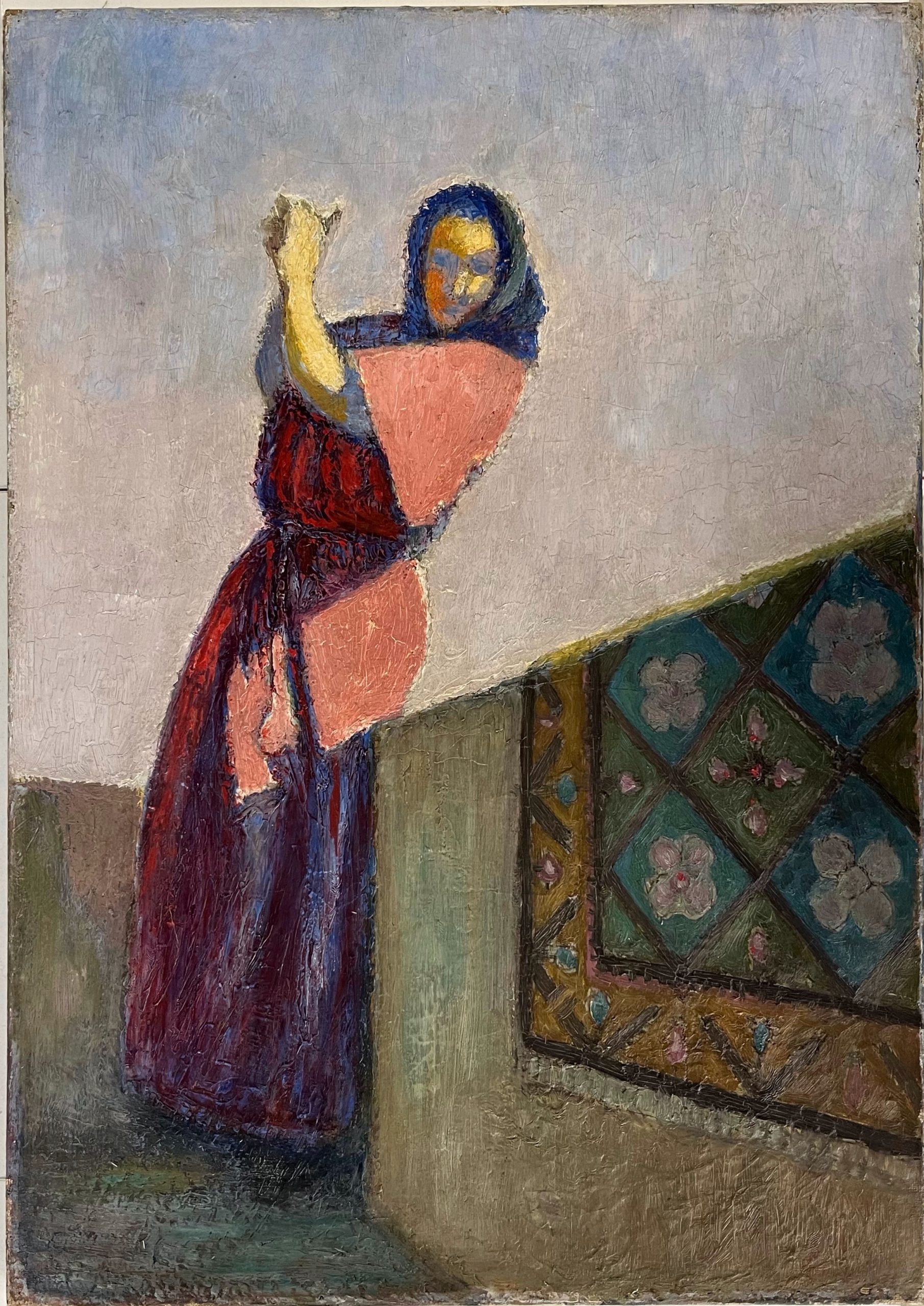 Femme au balcon, XXe, huile sur toile, 55 x 38 cm