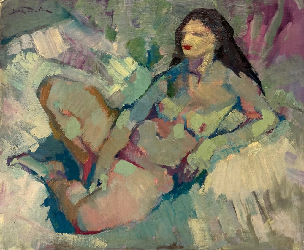J.DULAC, Femme nue, XXe, huile sur toile marouflée sur carton, 46x55 cm