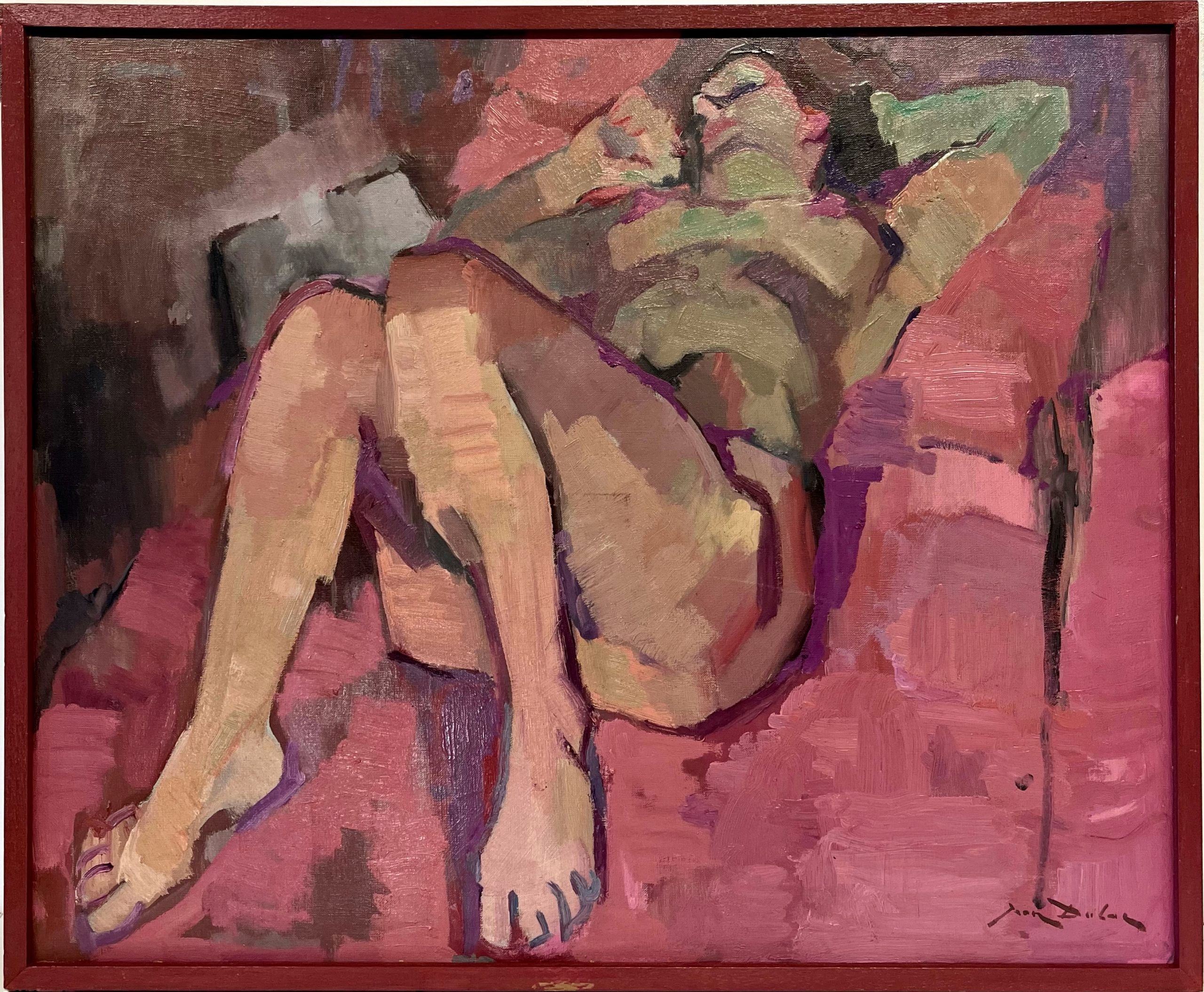 J.DULAC, Jeune femme nue allongée, XXe, huile sur toile, 73x60 cm encadré