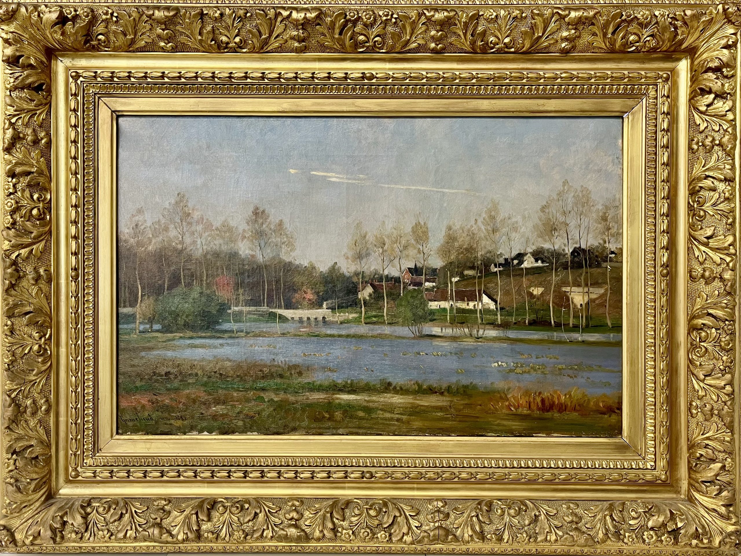 Paysage d'Ambroise, Johannes Martin Grimelund, XIXe, huile sur toile, avec cadre