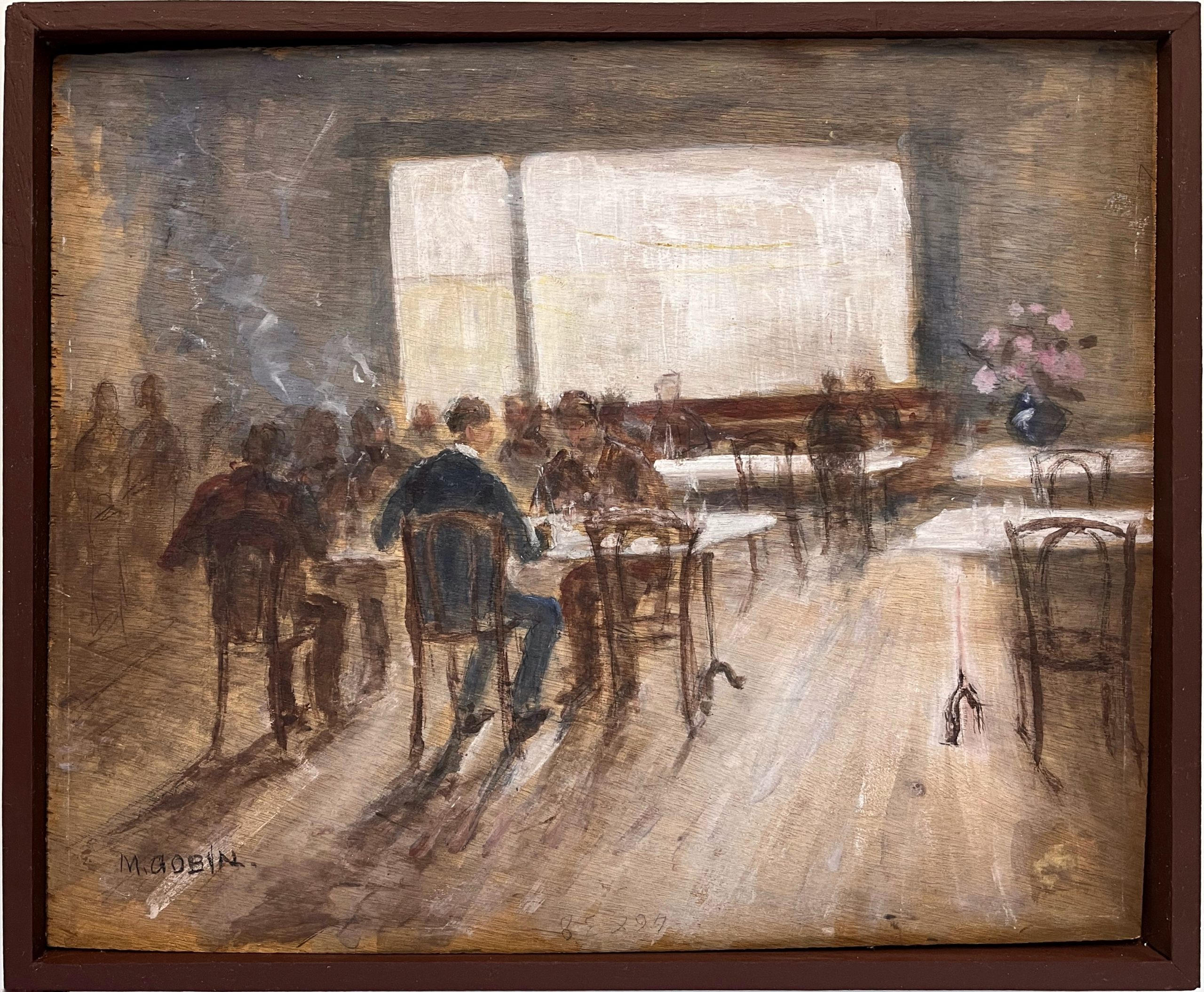 Marcel Gobin, Intérieur d'estaminet, fin XIXe, huile sur bois, 48,5 x 41 cm avec cadre