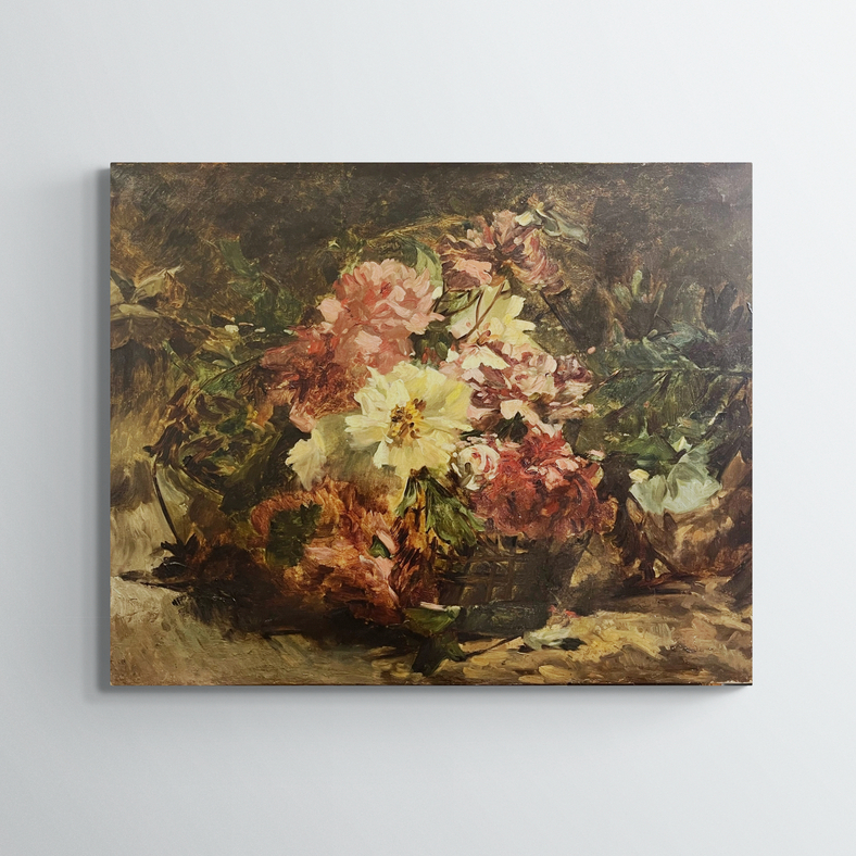 Bouquet dans un panier, XIXe, huile sur toile, non signé, 81,5x65 cm, sans cadre