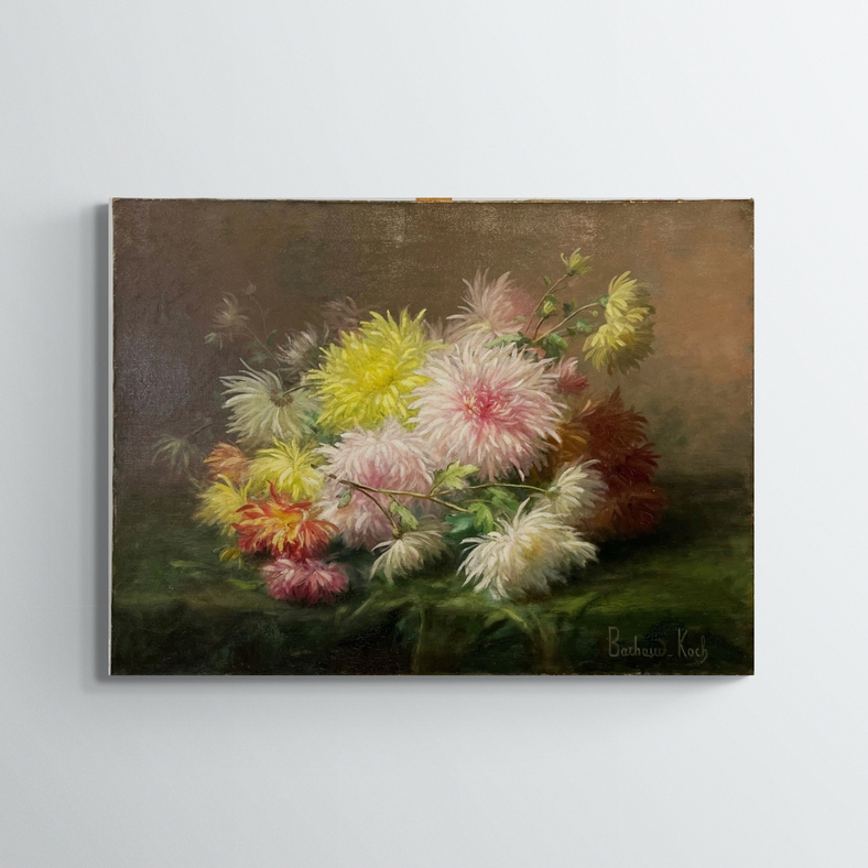 Barbaud-Koch, bouquet de dalhias, XXe, huile sur toile, 73x54 cm, sans cadre