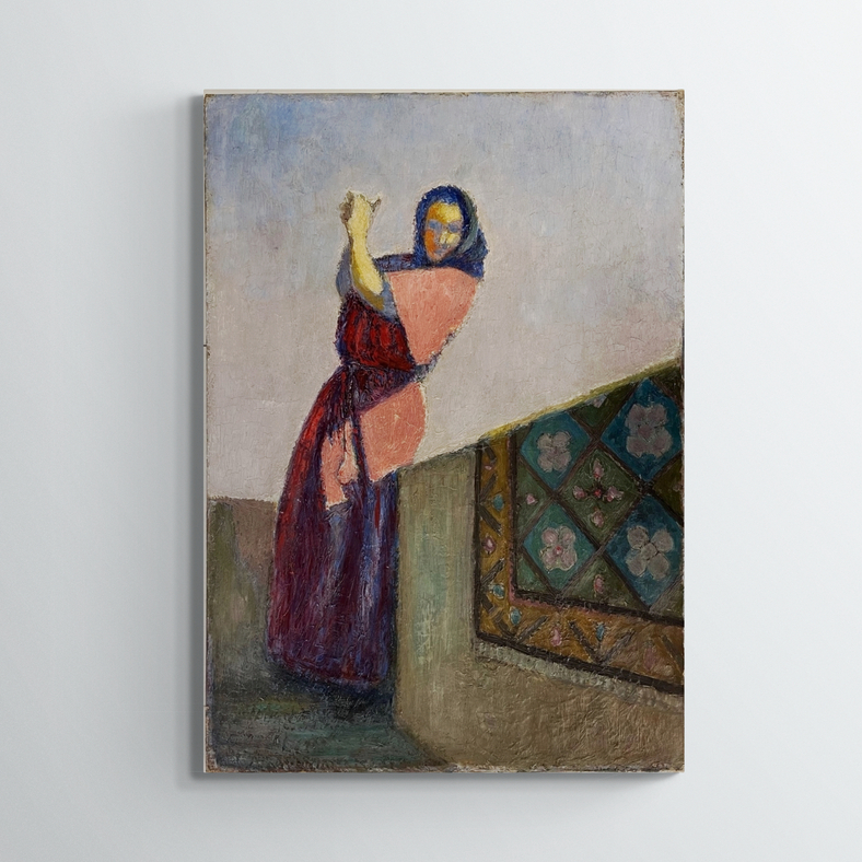 Femme dansant sur balcon, XXe, huile sur toile, non signé, 55x38 cm, sans cadre