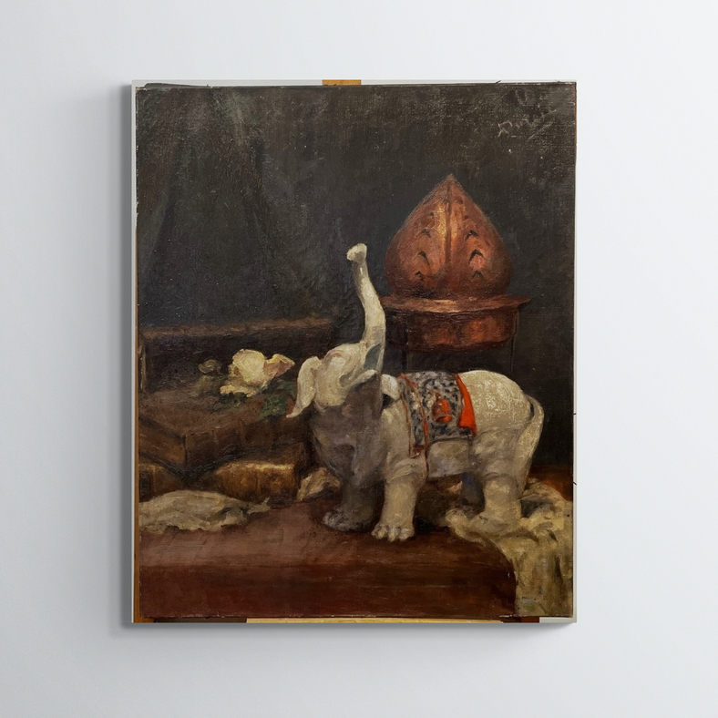 Nature morte à l'élephant, XXe, huile sur toile, non signé, 61x50 cm, sans cadre