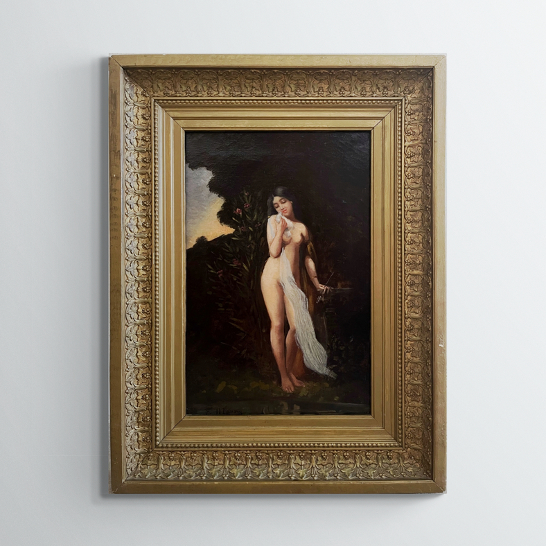 FH Laury, Femme à la colombe, XIXe, huile sur toile, signé, 65x54 cm, avec cadre
