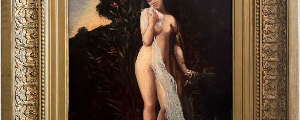 Jeune femme à la colombe, XIXe, huile sur toile, 57 x 43 cm