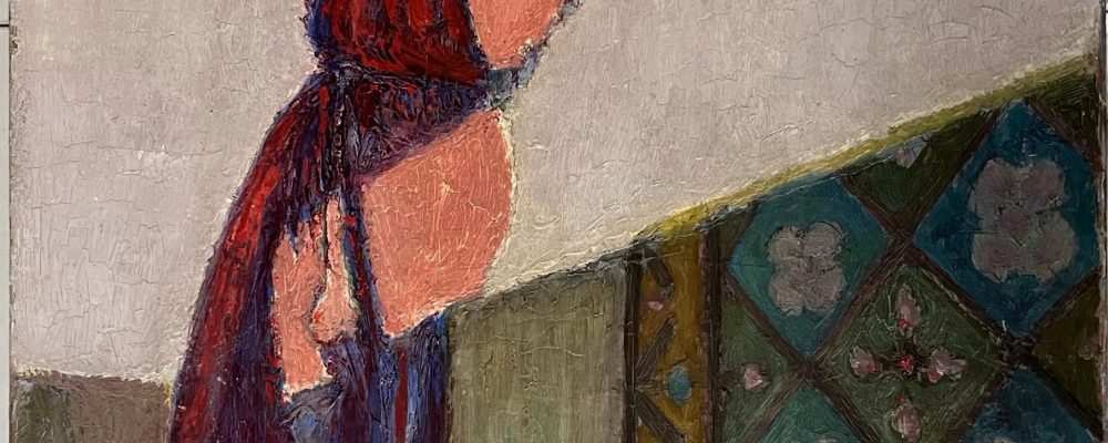 Femme au balcon, XXe, huile sur toile, 55 x 38 cm